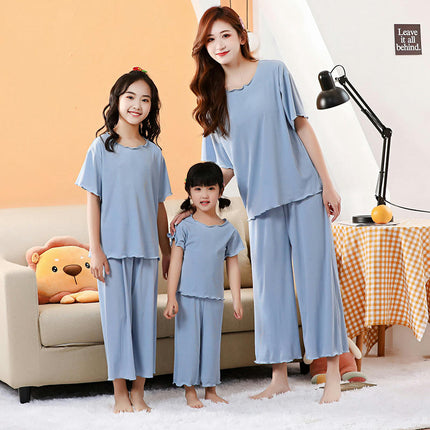 Family Short Sleeve Pajama Set-Imitation Ice Silk Summer Mom and Daughter Home Clothes Set