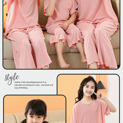Family Short Sleeve Pajama Set-Imitation Ice Silk Summer Mom and Daughter Home Clothes Set