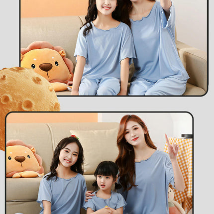 Family Short Sleeve Pajama Set-Imitation Ice Silk Summer Mom and Daughter Home Clothes Set