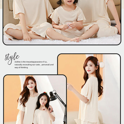 Family Short Sleeve Pajama Set-Imitation Ice Silk Summer Mom and Daughter Home Clothes Set