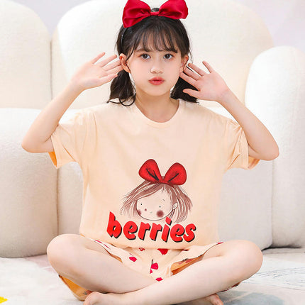 Children's Pajamas Cotton Short Sleeve 2-piece Set-Girls Cartoon Home Clothes Set