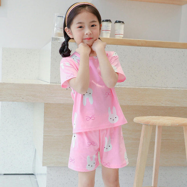 Children's Pajamas Cotton Short Sleeve 2-piece Set-Girls Cartoon Home Clothes Set