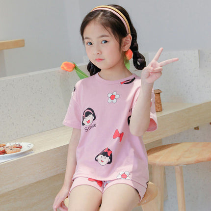 Children's Pajamas Cotton Short Sleeve 2-piece Set-Girls Cartoon Home Clothes Set