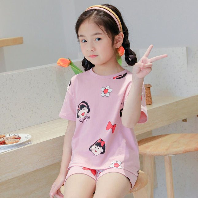 Children's Pajamas Cotton Short Sleeve 2-piece Set-Girls Cartoon Home Clothes Set