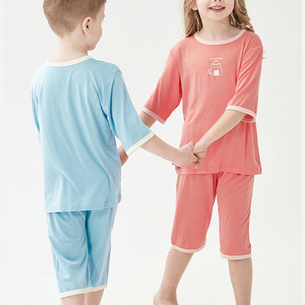 Children's Short Sleeve Pajama Set-Modal Summer Boys and Girls Cropped Pants Set