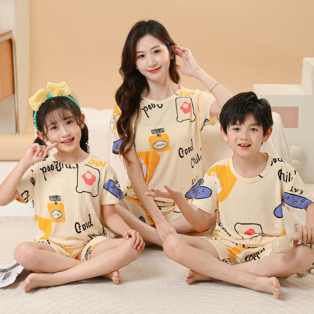 Pajamas Imitation Ice Silk Summer Boys and Girls Short Sleeve Set Family Wear Home Clothes