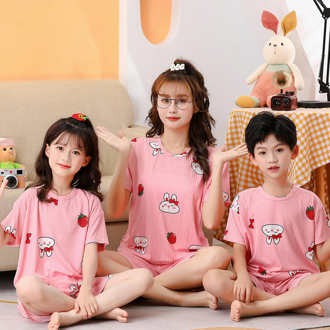Pajamas Imitation Ice Silk Summer Boys and Girls Short Sleeve Set Family Wear Home Clothes 1