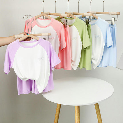 Girls Pajamas 2-piece Set Children's Summer Short-sleeved Modal Solid Color Home Clothes Set