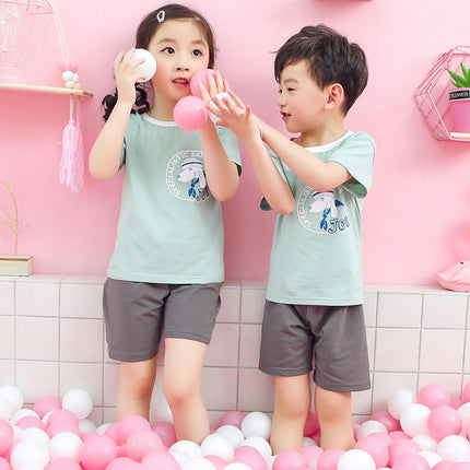 Cotton Pajama Set for Boys and Girls - Short-Sleeved T-Shirt and Shorts In Contrasting Colors 2-Piece Set