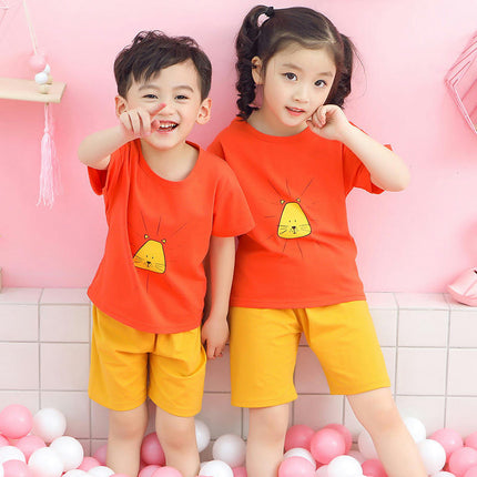 Cotton Pajama Set for Boys and Girls - Short-Sleeved T-Shirt and Shorts In Contrasting Colors 2-Piece Set