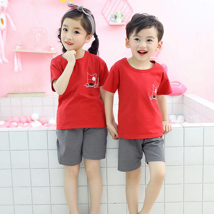 Cotton Pajama Set for Boys and Girls - Short-Sleeved T-Shirt and Shorts In Contrasting Colors 2-Piece Set