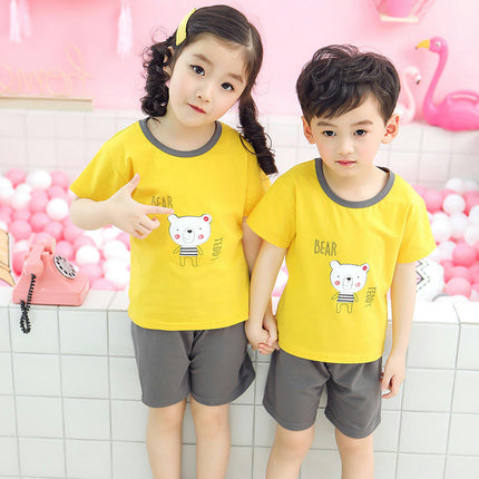 Cotton Pajama Set for Boys and Girls - Short-Sleeved T-Shirt and Shorts In Contrasting Colors 2-Piece Set