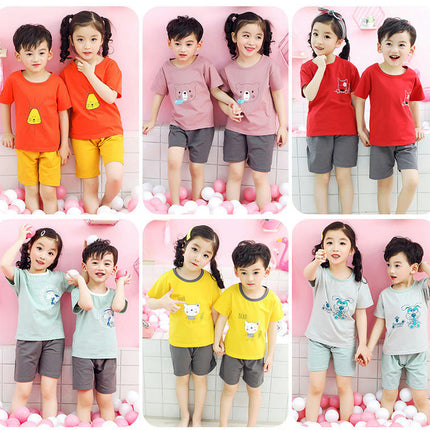 Cotton Pajama Set for Boys and Girls - Short-Sleeved T-Shirt and Shorts In Contrasting Colors 2-Piece Set