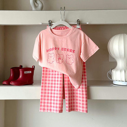 Unisex Cartoon Cotton Short Sleeve Boys Girls T-Shirt and Cropped Plaid Pants Comfortable Clothing Set