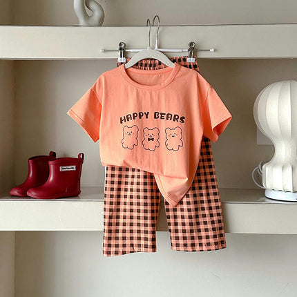 Unisex Cartoon Cotton Short Sleeve Boys Girls T-Shirt and Cropped Plaid Pants Comfortable Clothing Set