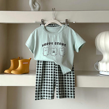 Unisex Cartoon Cotton Short Sleeve Boys Girls T-Shirt and Cropped Plaid Pants Comfortable Clothing Set