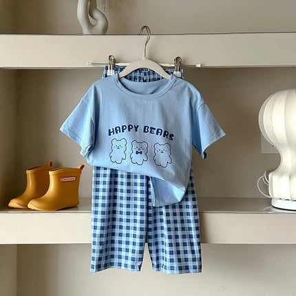 Unisex Cartoon Cotton Short Sleeve Boys Girls T-Shirt and Cropped Plaid Pants Comfortable Clothing Set
