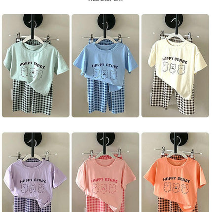 Unisex Cartoon Cotton Short Sleeve Boys Girls T-Shirt and Cropped Plaid Pants Comfortable Clothing Set