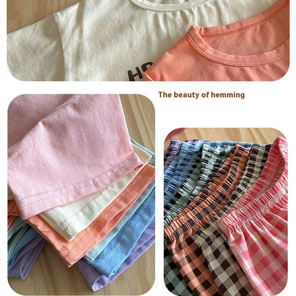 Unisex Cartoon Cotton Short Sleeve Boys Girls T-Shirt and Cropped Plaid Pants Comfortable Clothing Set
