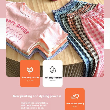 Unisex Cartoon Cotton Short Sleeve Boys Girls T-Shirt and Cropped Plaid Pants Comfortable Clothing Set