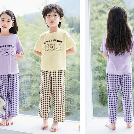Unisex Cartoon Cotton Short Sleeve Boys Girls T-Shirt and Cropped Plaid Pants Comfortable Clothing Set