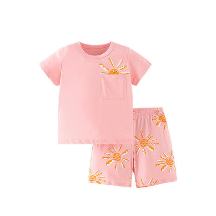 Girls Summer Pajama Set 2-piece Set - Cotton Short Sleeve Shorts Printed Casual Home Clothes