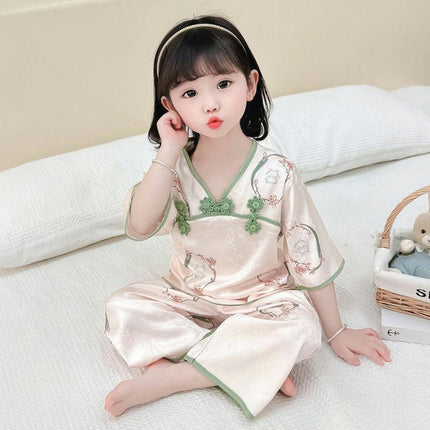 Girls' Ancient Style Pajamas Set-Long-Sleeved Thin Model Imitation Ice Silk Home Clothing Suit