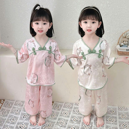 Girls' Ancient Style Pajamas Set-Long-Sleeved Thin Model Imitation Ice Silk Home Clothing Suit