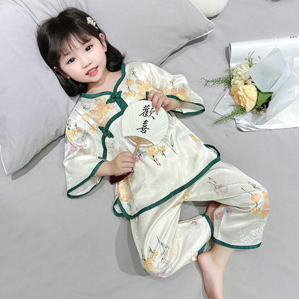 Girls' Ancient Style Pajamas Set-Long-Sleeved Thin Model Imitation Ice Silk Home Clothing Suit