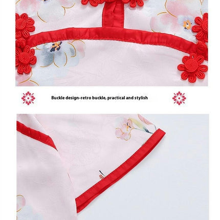 Girls' Ancient Style Pajamas Set-Long-Sleeved Thin Model Imitation Ice Silk Home Clothing Suit