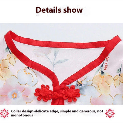 Girls' Ancient Style Pajamas Set-Long-Sleeved Thin Model Imitation Ice Silk Home Clothing Suit