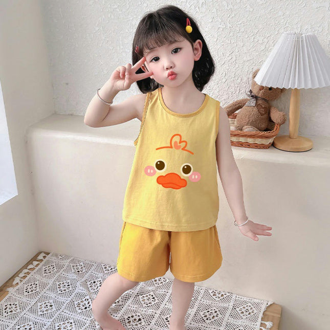 Girls Cotton Pajamas Set Summer Baby Cute Vest 2-piece Set Air Conditioning Home Clothes