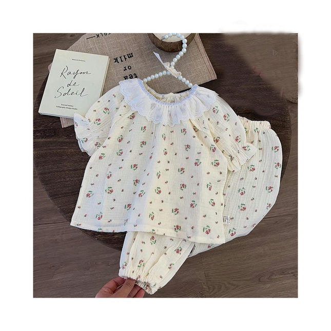 Baby Girl Pajama Set Cute Lace Polka Dot Floral Short Sleeve Long Pants Pajamas 2-piece Set