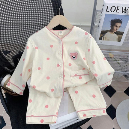 Baby Girls Long Sleeve Home Clothes Set Cartoon Polka Dot Button Pajamas with Pockets