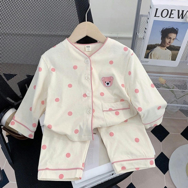Baby Girls Long Sleeve Home Clothes Set Cartoon Polka Dot Button Pajamas with Pockets