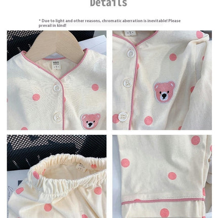 Baby Girls Long Sleeve Home Clothes Set Cartoon Polka Dot Button Pajamas with Pockets