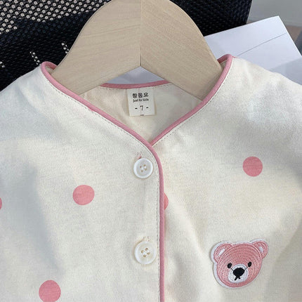 Baby Girls Long Sleeve Home Clothes Set Cartoon Polka Dot Button Pajamas with Pockets