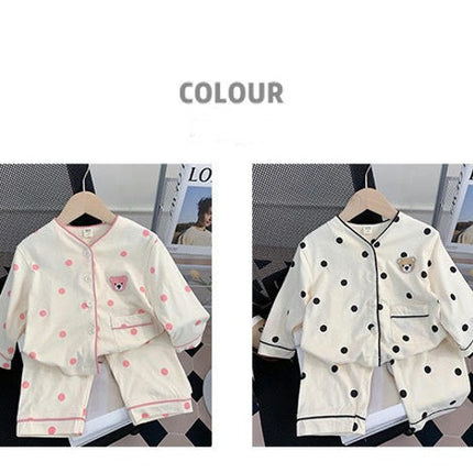 Baby Girls Long Sleeve Home Clothes Set Cartoon Polka Dot Button Pajamas with Pockets