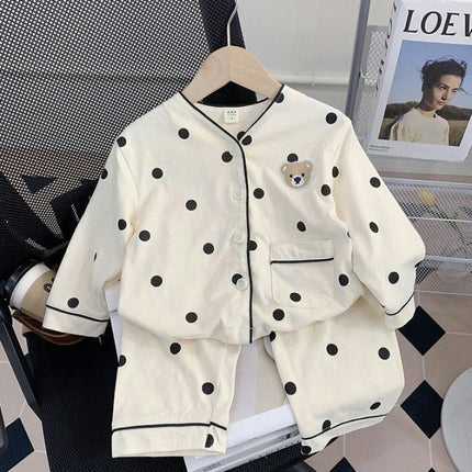 Baby Girls Long Sleeve Home Clothes Set Cartoon Polka Dot Button Pajamas with Pockets
