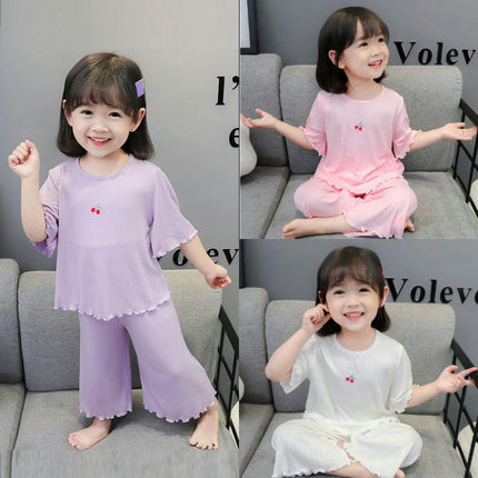 Girls Pajama Set-Summer Imitation Ice Silk Short Sleeve Baby Girls Home Clothes Set