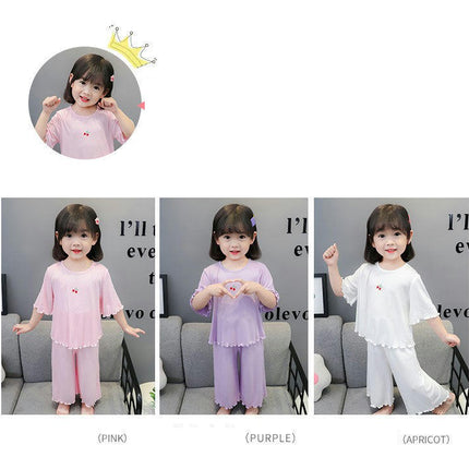 Girls Pajama Set-Summer Imitation Ice Silk Short Sleeve Baby Girls Home Clothes Set