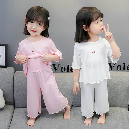 Girls Pajama Set-Summer Imitation Ice Silk Short Sleeve Baby Girls Home Clothes Set