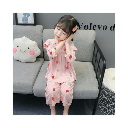Girls Pajama Set-Summer Modal Imitation Ice Silk Three-quarter Sleeve Baby Girls Home Clothes Set