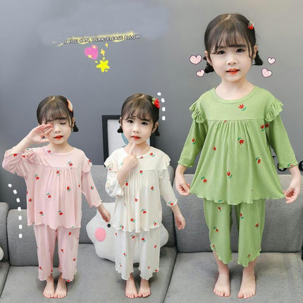 Girls Pajama Set-Summer Modal Imitation Ice Silk Three-quarter Sleeve Baby Girls Home Clothes Set