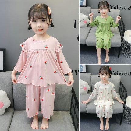 Girls Pajama Set-Summer Modal Imitation Ice Silk Three-quarter Sleeve Baby Girls Home Clothes Set