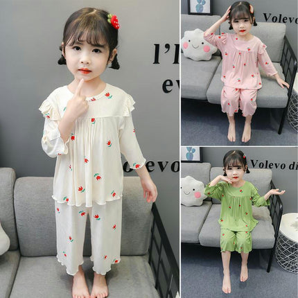 Girls Pajama Set-Summer Modal Imitation Ice Silk Three-quarter Sleeve Baby Girls Home Clothes Set