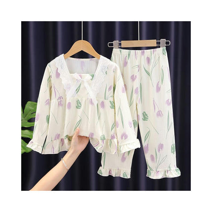 Princess Style Children's Pajama Set-Long Sleeve Spring and Autumn Girls Air Conditioning Home Clothes Set
