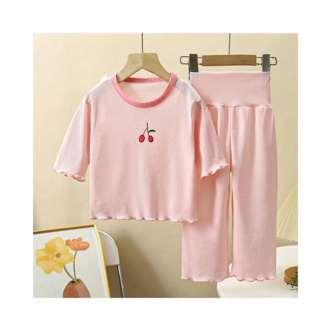 Girls Summer Pajama Set-Short Sleeve High Waist Cropped Pants Home Clothes 2-Piece Set