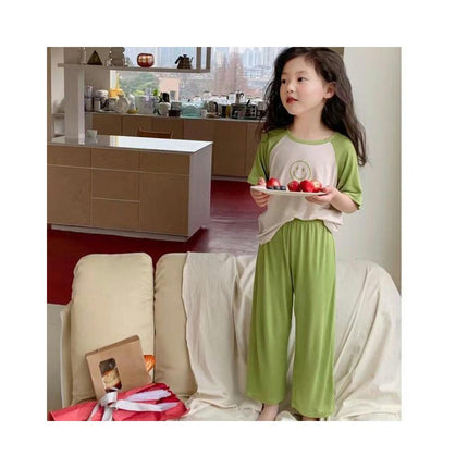 Girls Summer Imitation Ice Silk Air Conditioning Clothing Set Children's Home Clothes Pajamas 2-piece Set