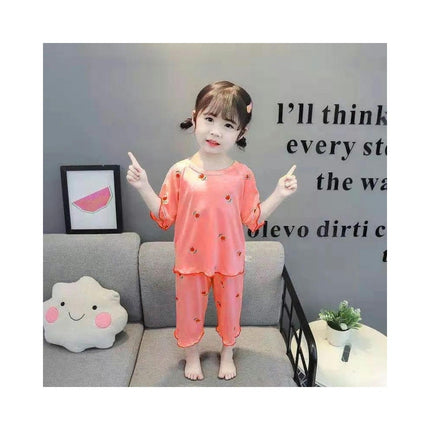 Girls Short Sleeve Pajamas Set - Imitation Ice Silk Thin Air Conditioning Clothes